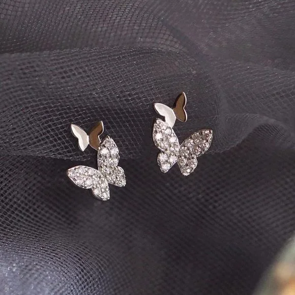 New 925 Sterling Silver Diamond Butterfly Earrings - Picture 6 of 6